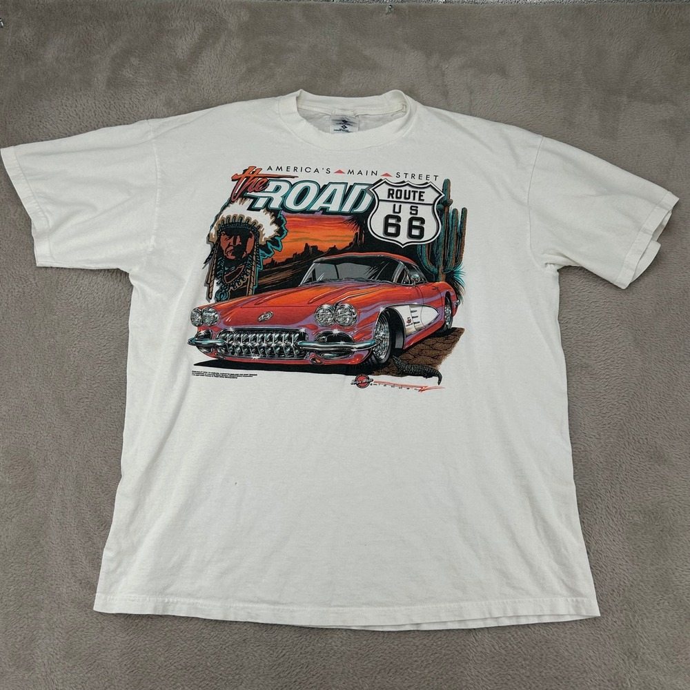 VTG 90s Route 66 Americas Main Street Corvette Shirt Mens Large White Streetwear